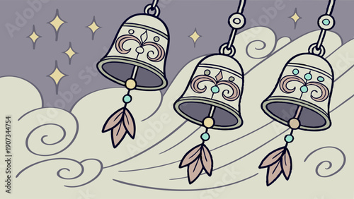 Ornate Wind Chimes Dangling in Breezy Sky with Stars Perfect for Serene Meditation App or Spiritual Website Design