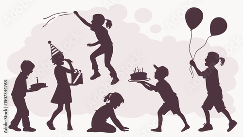 Joyful Children Celebrating Birthday Party with Cake Balloons and Gifts for Holiday Invitations Web Banners