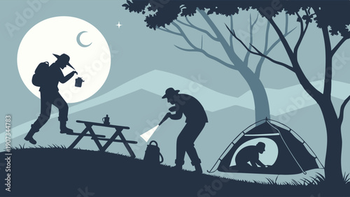 Nighttime Camping Adventure Silhouette Explorers Setting Up Tent Under Bright Full Moon for Outdoor Travel and Wilderness Exploration
