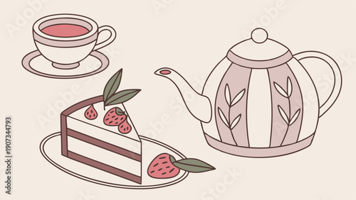 Pastel Afternoon Tea Party Invitation Design with Strawberry Cake and Teapot for Cafe Menu or Bakery Promotion