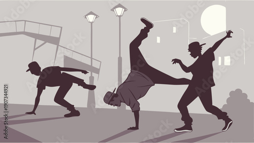 Urban Hip Hop Dancers Breakdancing Outdoors at Night Silhouettes Energetic Street Performance for Youth Culture Events