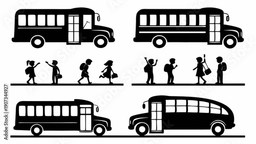 School Bus Transportation Silhouettes with Students Boarding for Education and Commute Design Elements