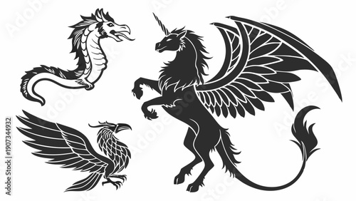 Mythical Creatures Heraldic Set Dragon Unicorn Griffin Engraving for Fantasy Game Design Tattoos Logos