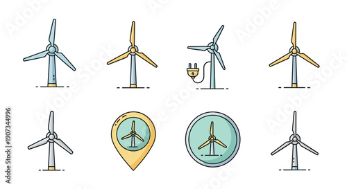 Diverse Collection of Wind Turbine Icons, Symbolizing Renewable Energy and Sustainable Power Generation, on an Isolated White Background