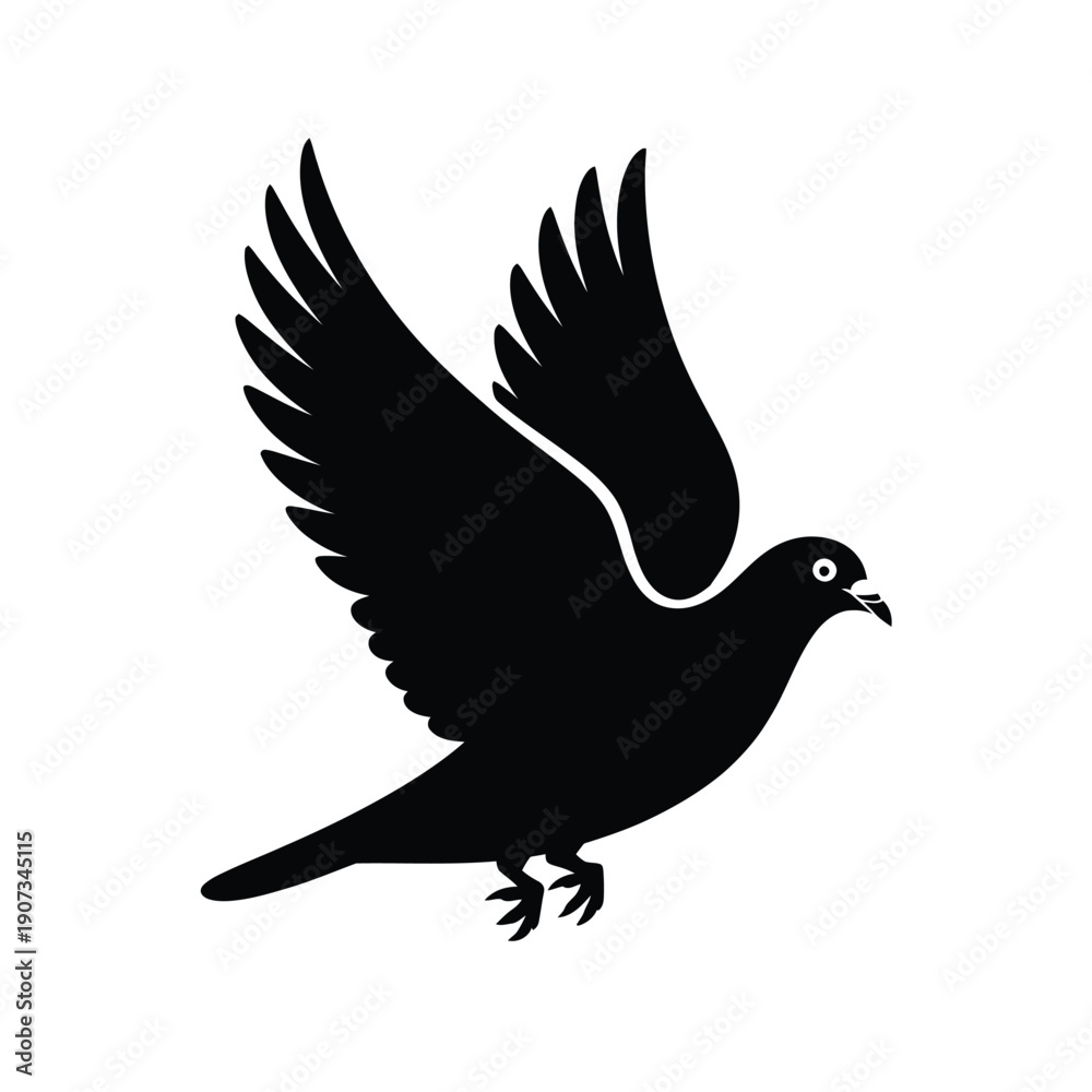 Fototapeta premium Black pigeon bird silhouette in flight with wings spread white background desig
