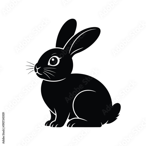 Black Rabbit Silhouette Sitting with Large Ears and Whiskers white background d