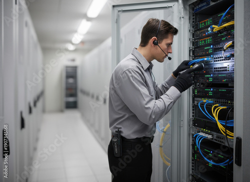 Wallpaper Mural A male technician inspects network switches inside a rack, surrounded by blinking LEDs and wearing an earpiece, with copy space. Keywords: technology, cybersecurity, data infrastructure, industrial Torontodigital.ca