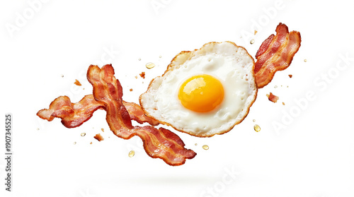 Dynamic image of fried egg and bacon on a white background, for a good breakfast