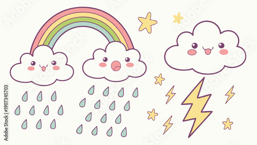 Cute Kawaii Weather Icons Rainbow Rain Clouds Lightning Stars for Kids App Design or Nursery Decor Projects