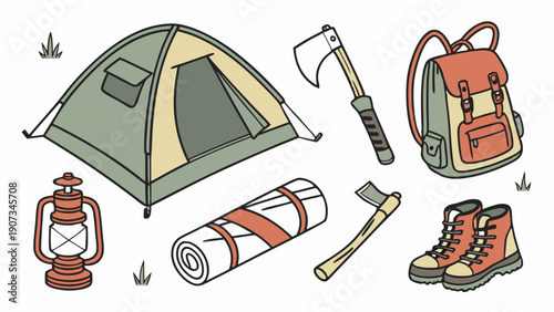 Camping Gear Illustration Adventure Travel Supplies Tent Axe Backpack Boots for Outdoor Recreation Website Design Summer Vacation Promotion (179 characters)