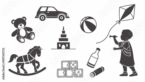 Childhood Toys Silhouette Collection Fun Play Icons for Kindergarten Education Website Design or Toy Store Graphics