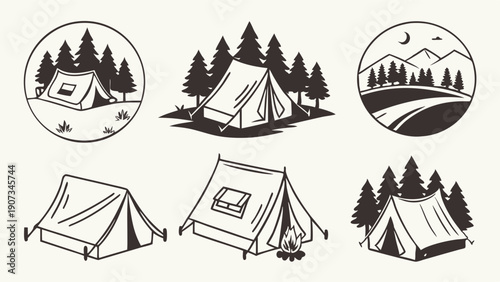 Camping Adventure Icons Set Outdoor Recreation Tents Forest Mountains Line Art for Travel Brochures Web Design Summer Vacation Graphics