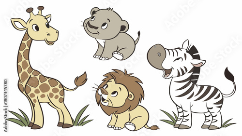 Cute Baby Safari Animals Giraffe Lion Zebra Hippo for Children Book Design or Nursery Decor
