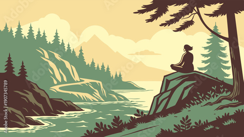 Serene Woman Meditating on Cliff Overlooking Winding River Valley for Wellness Retreats Travel Websites and Calm Lifestyle Content