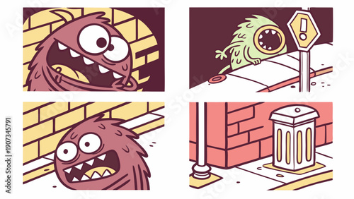 Funny Cartoon Monster Hiding Near Brick Wall and Trash Can for Halloween or Kids App Design