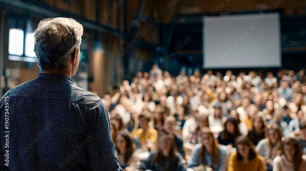 Fototapeta premium Lecturer addressing large audience at academic conference presentation