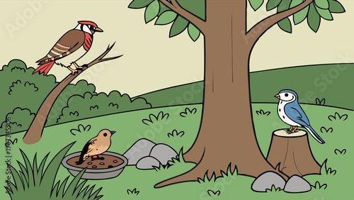Diverse Songbirds Gather Outdoors Near Tree Stump and Bird Feeder for Nature Education and Wildlife Illustration