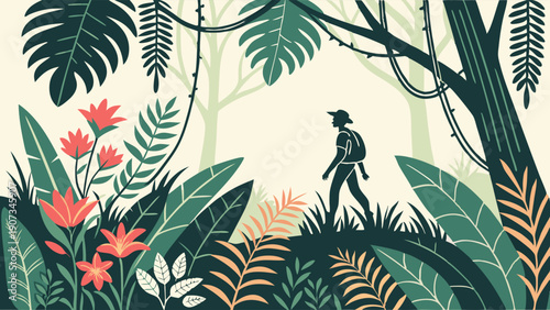 Adventurous Hiker Exploring Lush Tropical Jungle with Vibrant Exotic Flowers for Travel Blog or Nature Guide Design