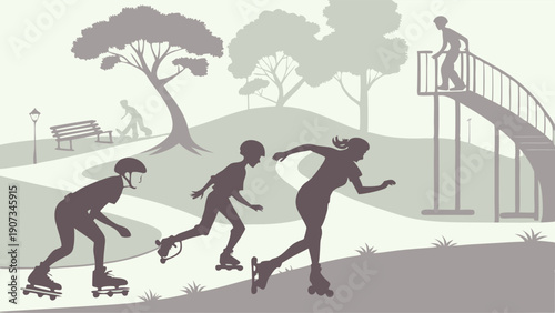Active Family Rollerblading Downhill in Sunny Park for Health Fitness Recreation and Outdoor Summer Activity