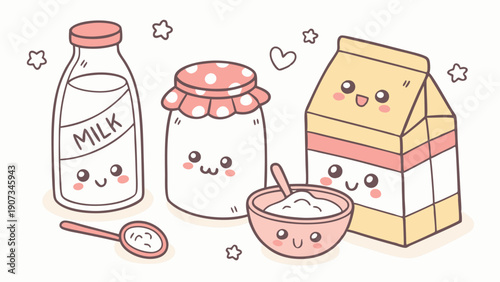 Cute Kawaii Milk Dairy Products Jar Carton Powder for Healthy Breakfast Recipe Blog Design
