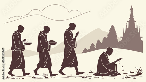 Buddhist Monks Alms Round Procession Walking Toward Temple for Spiritual Meditation and Religious Practice Illustration
