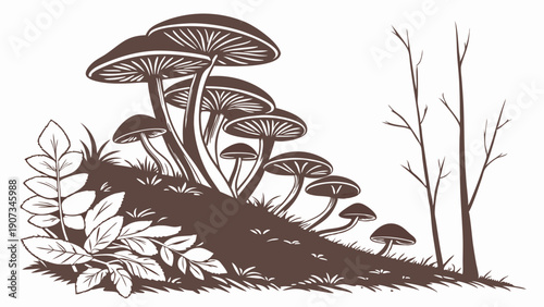 Monochrome Forest Fungus Illustration for Nature Blog Headers Website Design Autumn Harvest Ecology Theme