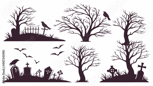 Spooky Halloween Graveyard Silhouettes with Dead Trees Crows and Bats for Holiday Design Projects