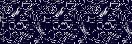 seamless farm food pattern white chalk line icons of vegetables dairy and meat on dark background for menu design