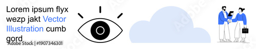 Business collaboration, teamwork, data security, surveillance, cloud computing, partnerships. Minimalist icons of eye, cloud and two people shaking hands. Business collaboration and teamwork ideas