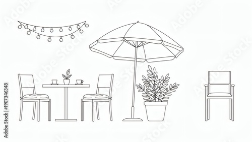 Outdoor cafe furniture and decorations illustration.