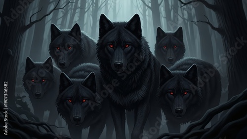 Pack of Wolves in Dark Forest.