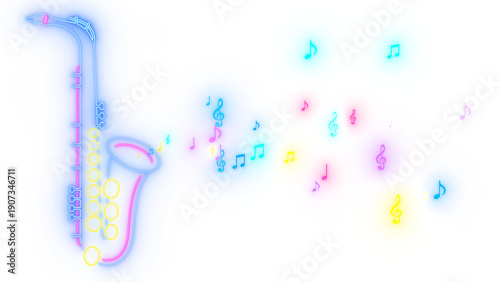 Canvas Print neon lights colorful musical notes and saxophone sign on transparent background