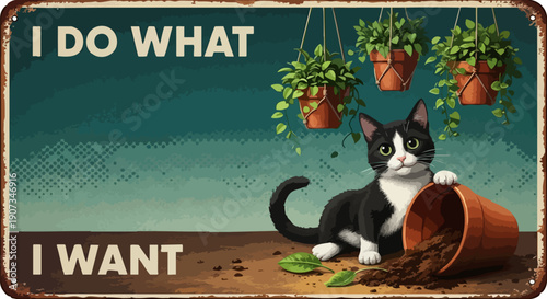 Vector illustration of a mischievous black and white cat knocking over a terracotta plant pot with soil, "I Do What I Want" text, hanging plants, vintage metal sign style