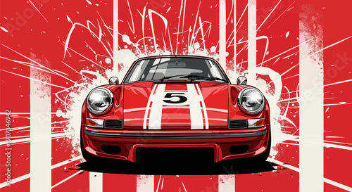 Red classic sports car vector illustration with white racing stripes and number 5, grunge background, front view