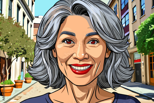 Middle aged woman with gray hair smiling confidently on city street natural light authentic lifestyle portrait expressing confidence positivity and modern mature beauty