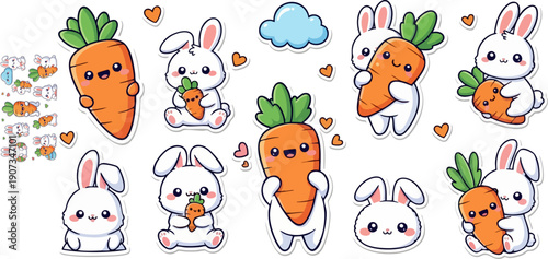 Cute white bunny and carrot vector sticker set with hearts and clouds, kawaii cartoon illustration, isolated on white