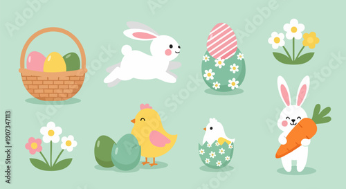 Easter vector illustration set with cute bunnies, chicks, eggs, basket, and flowers on light green background