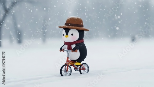 Penguin Riding Bicycle in Snowy Landscape.