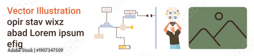 Data analysis, digital workflow, creative thinking, information technology, system processes, creativity . Flowchart connected to a thinking person icon. Data analysis and digital workflow concept