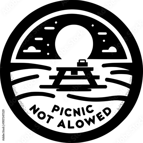 Picnic Area Sign: A graphic emblem signifies a no-picnic zone, featuring a picnic table beneath a large sun, reinforcing regulations.