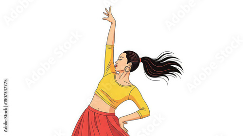 Woman in yellow top and red skirt dancing energetically with one arm raised