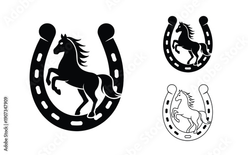 Horse horseshoe silhouette, powerful black horse rearing inside classic horseshoe shape symbolizing luck, equestrian strength, freedom, and western heritage design concept.