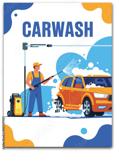 Car wash service station illustration, auto service worker washing a clean vehicle with foam bubbles representing professional maintenance detailing and automotive care concept.