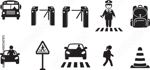 Black and white school crossing traffic signs and symbols with bus pedestrian and vehicles
