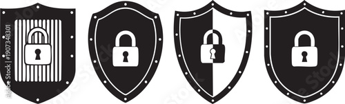 Black and white shield with padlocks and rivets for security and protection