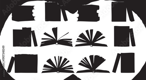 Black and white silhouette of books arranged in a circle