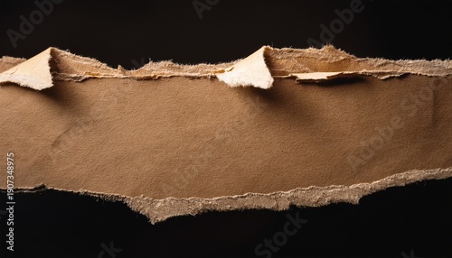 Close Up Of A Piece Of Torn Textured Brown Paper Against A Black Background