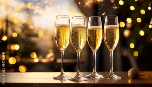 Three Elegant Champagne Flutes Filled With Sparkling Golden Beverage A Delightful Celebration Moment Captured In Soft Focus Perfect For Party Invitations Or Festive Promotions Ai