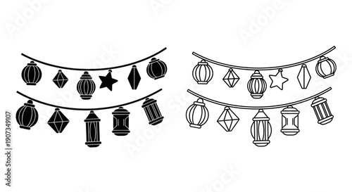 Ramadan Kareem lantern garland vector icon set, black outline and solid fill, Islamic festival decoration, isolated on white