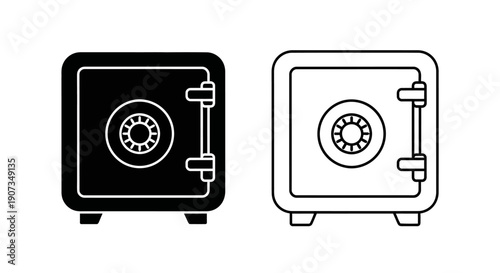 Black vector safe box icon and outline line art safe symbol, security vault illustration isolated on white
